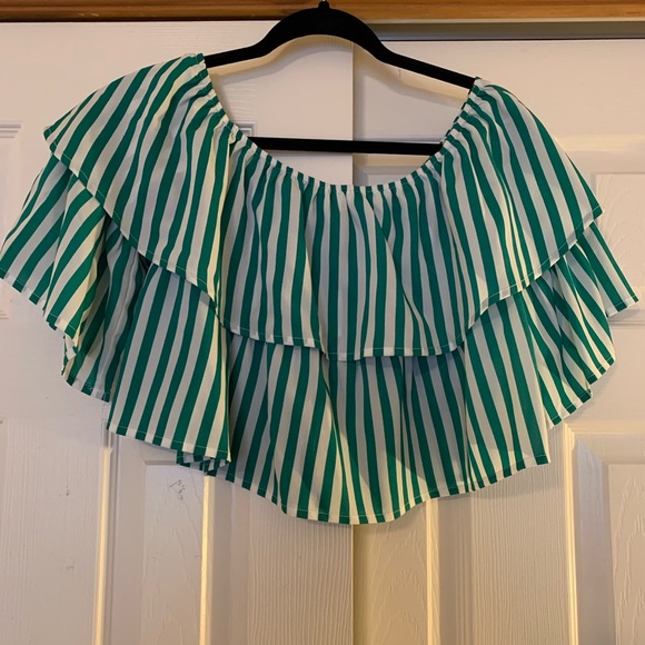 HOST PICK Green & White Off The Shoulder Top - Picture 3 of 4